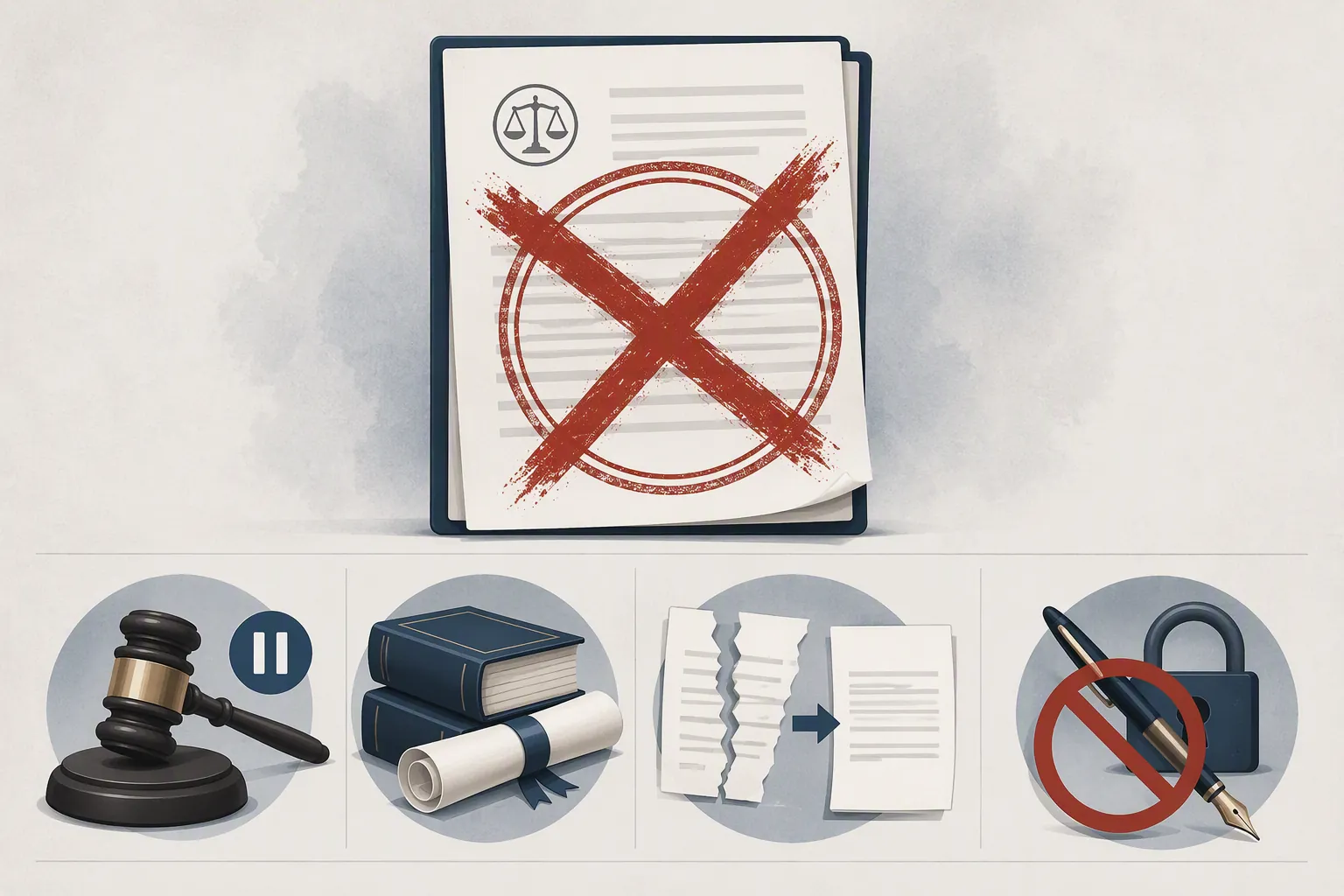 Crossed-out legal document with symbols for suspension, CLE, vacatur, replacement order, and a prohibited pen