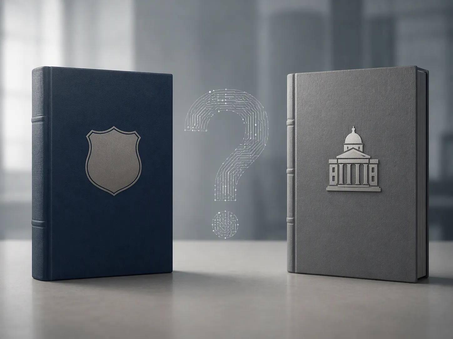 Two policy manuals with police and city-hall emblems separated by a circuit question mark