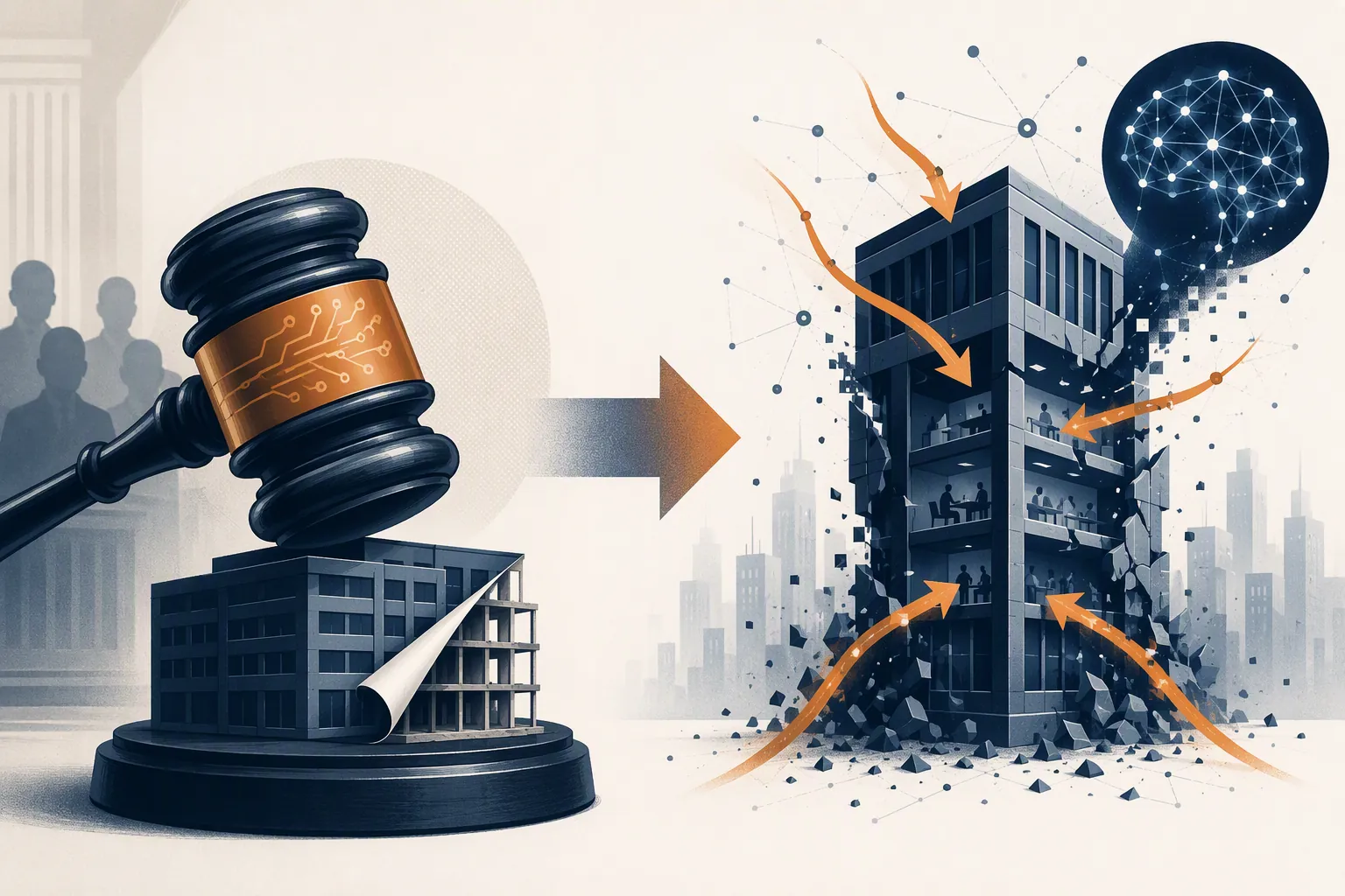 Split illustration comparing traditional AI-washing claims with AI-disruption nondisclosure theory