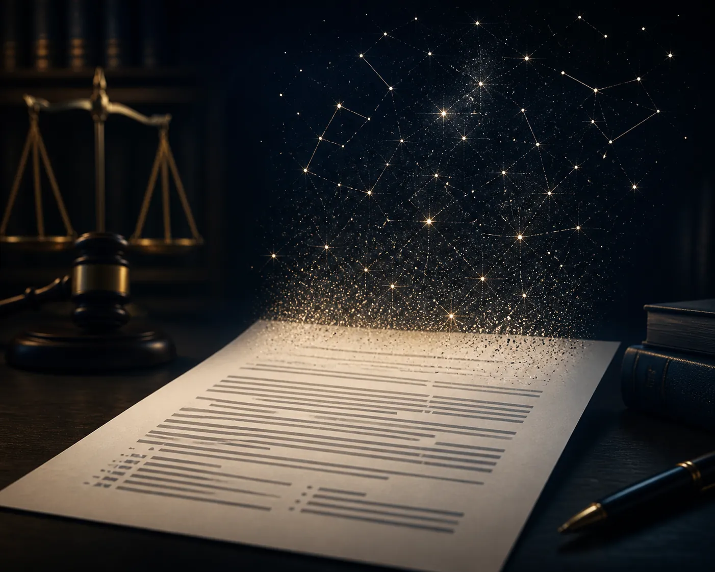 Polished legal document dissolving into stars above a desk, with a shadowy gavel and scales of justice in the background