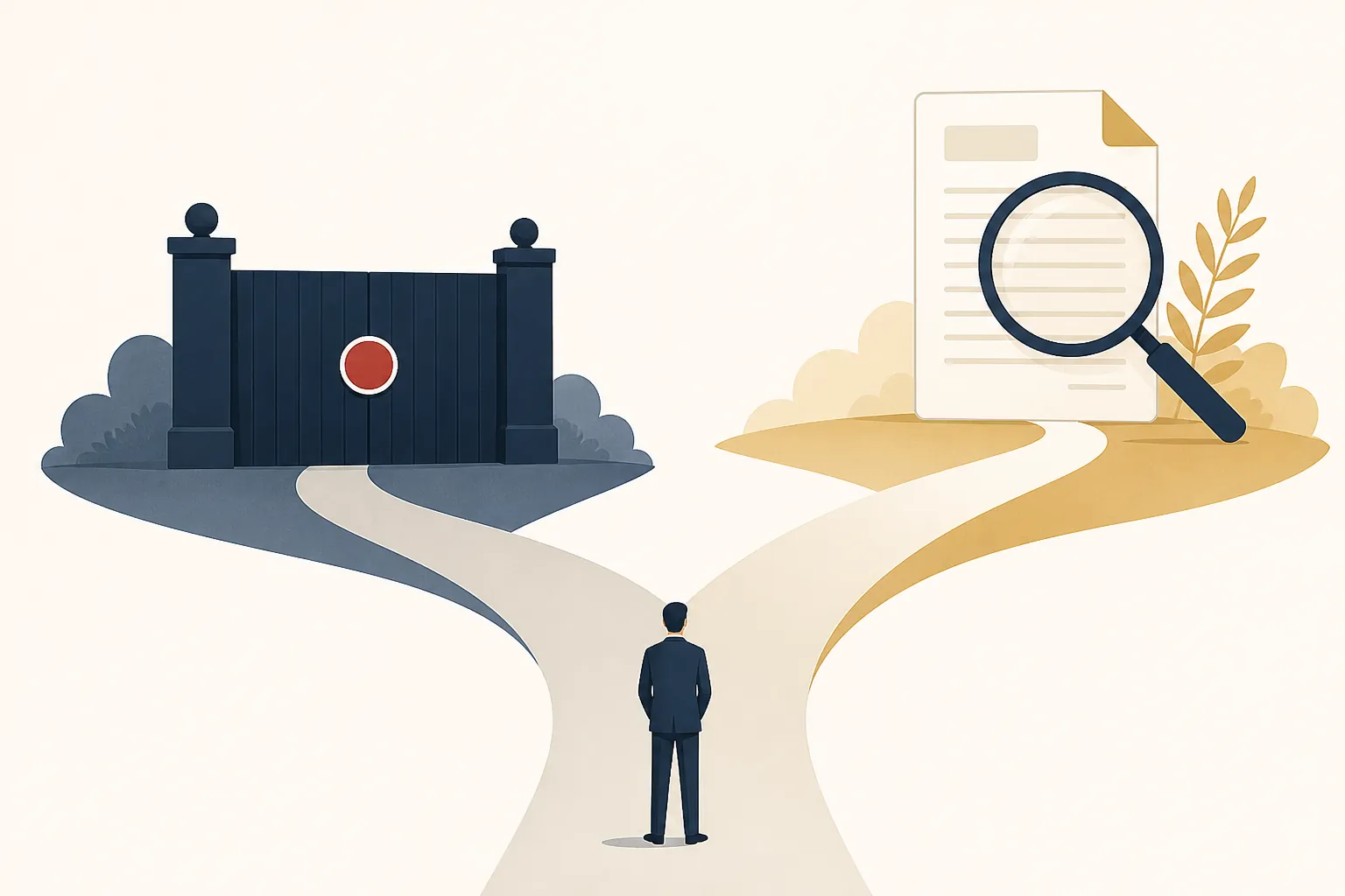 Two diverging paths, one blocked by a gate and one leading to a document under a magnifying glass