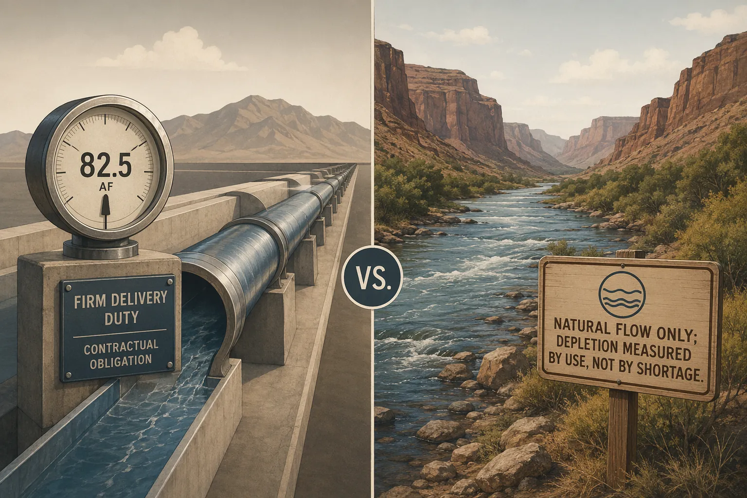 Split legal interpretation image showing a measured pipeline for firm delivery duty and a natural canyon river for non-depletion standard