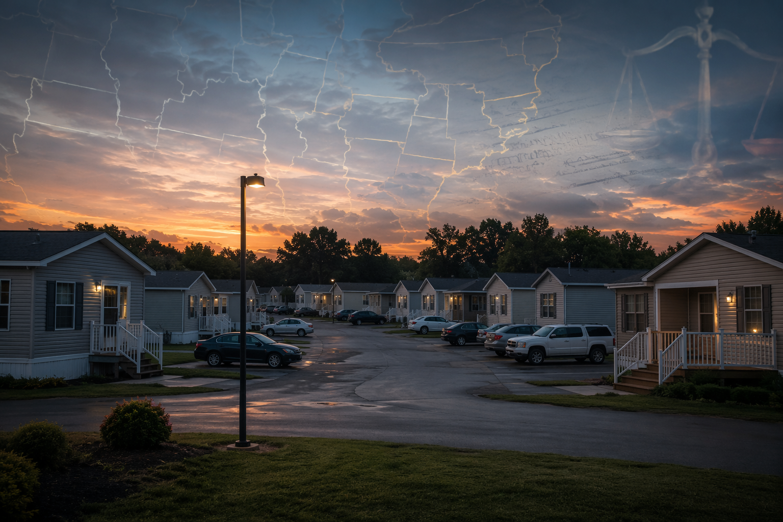 Manufactured home lot under a dusk sky with legal document overlays and jurisdictional boundary lines