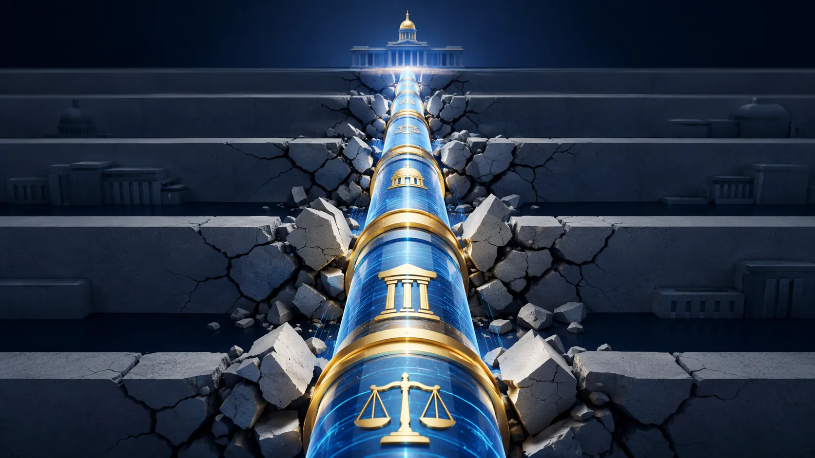A glowing institutional channel cutting through layered legal barriers