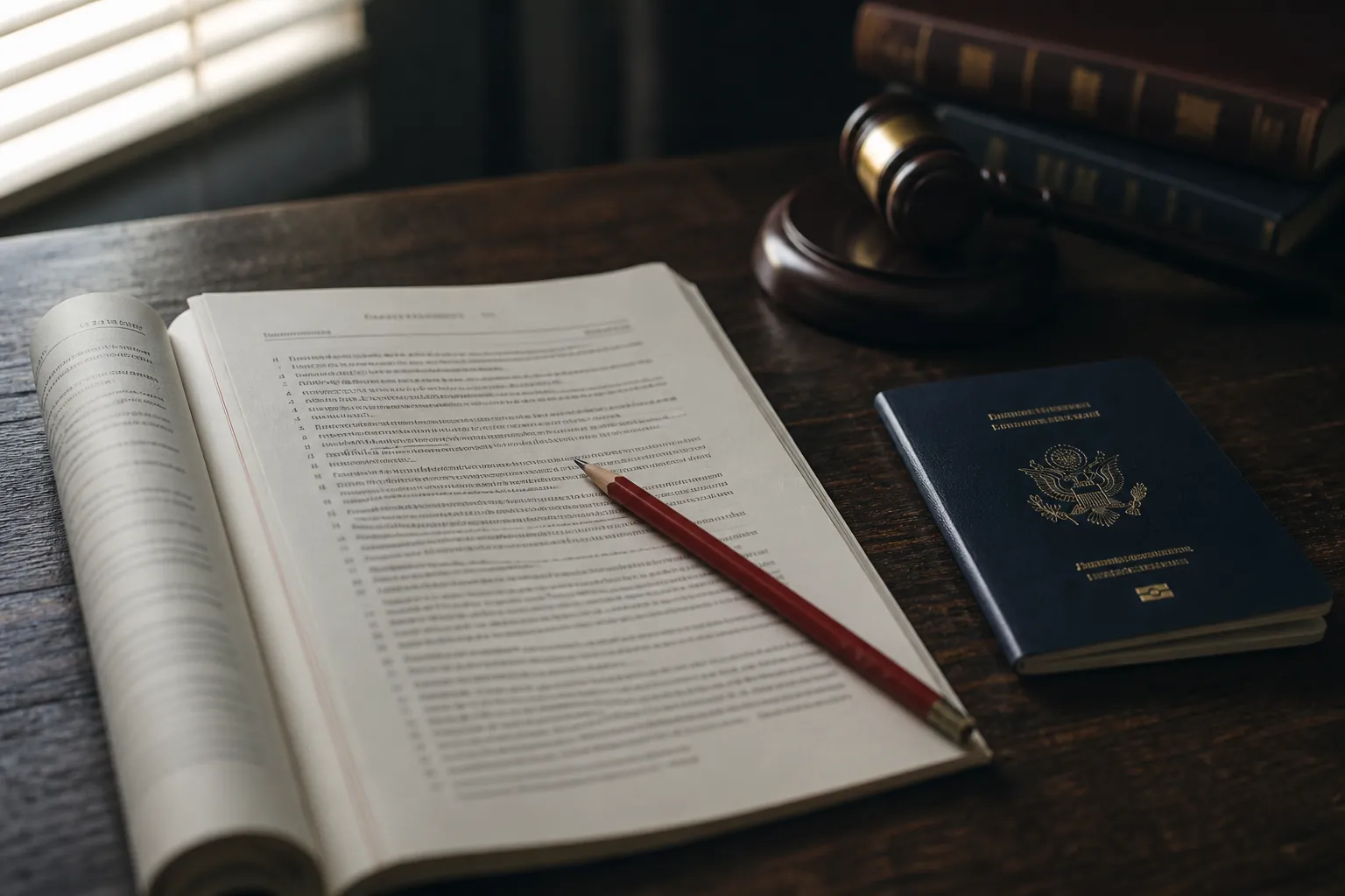 Open legislative bill on a dark desk with a red editing pencil, U.S. passport, and brass gavel
