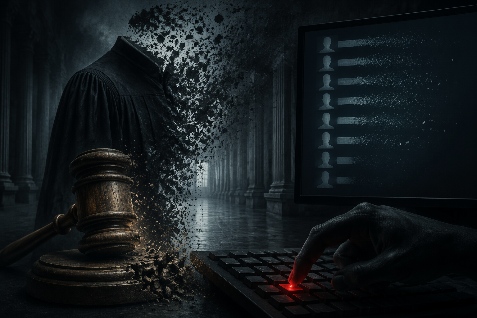A judge's gavel and robe dissolving as a hand presses a red keyboard key beside a fading list of names