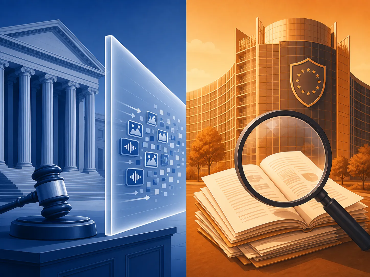 US courthouse blocked by a barrier facing a European regulator building examining data-flow documents