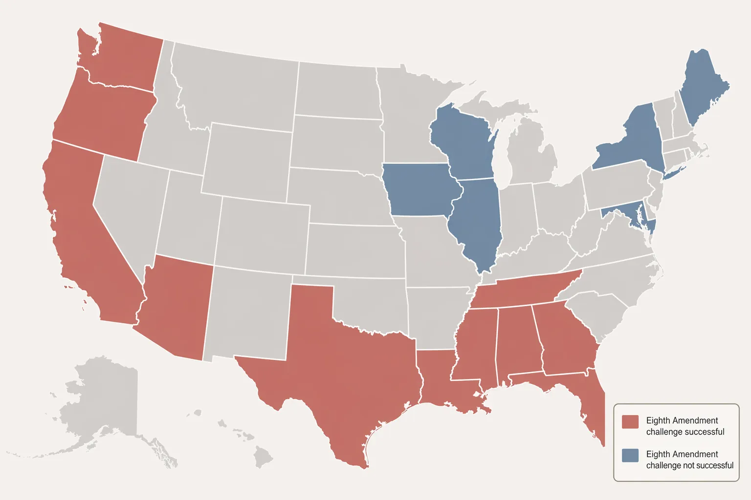 A minimal United States appellate circuit map showing five circuits shaded red and three shaded blue for different Eighth Amendment approaches to solitary confinement