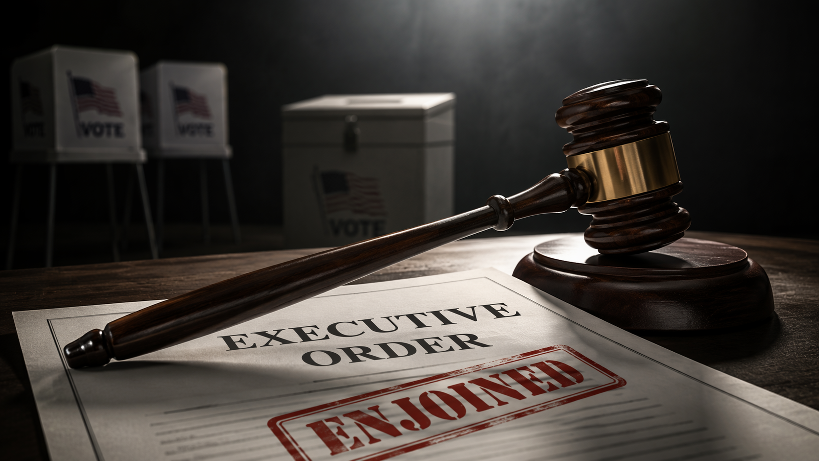 Gavel resting on an executive order document stamped enjoined, with ballot boxes in the background
