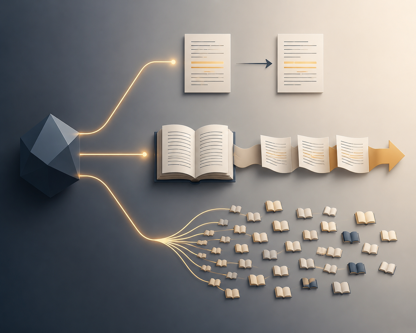 Three pathways representing matching text fragments, chapter-length content, and many spreading book icons