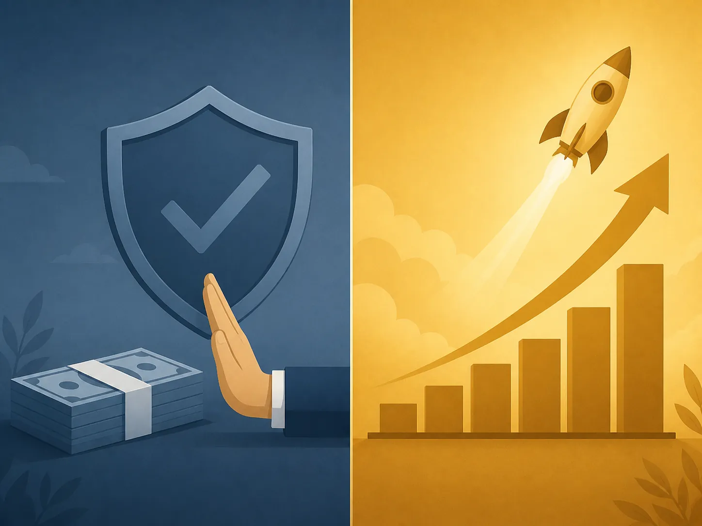 Split illustration showing safety over revenue on one side and IPO-window growth on the other