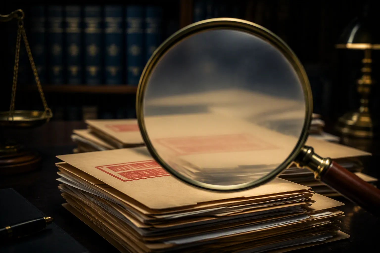 Manila folders with classification stamp blocks under a magnifying glass on a dim wooden desk