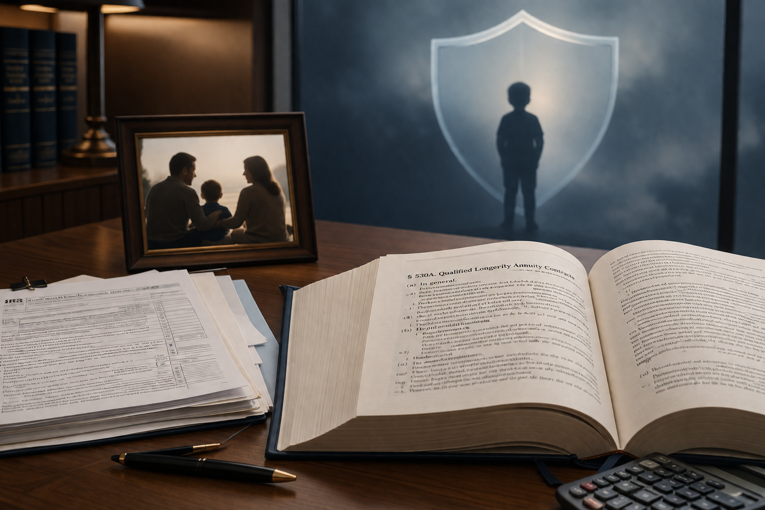Lawyer's desk with IRS tax documents, IRC §530A materials, family photo, calculator, and protective child motif