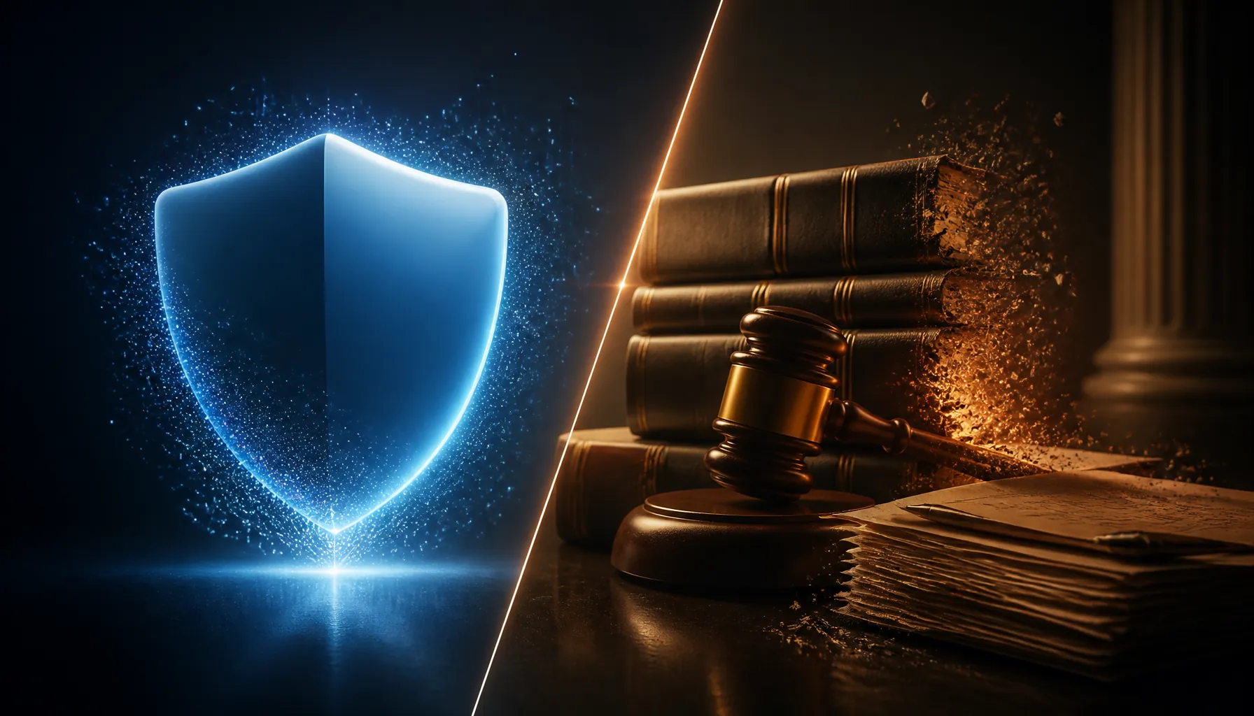 A privacy shield beside legal documents and a gavel, showing the tension between confidentiality protection and legal accuracy risk.