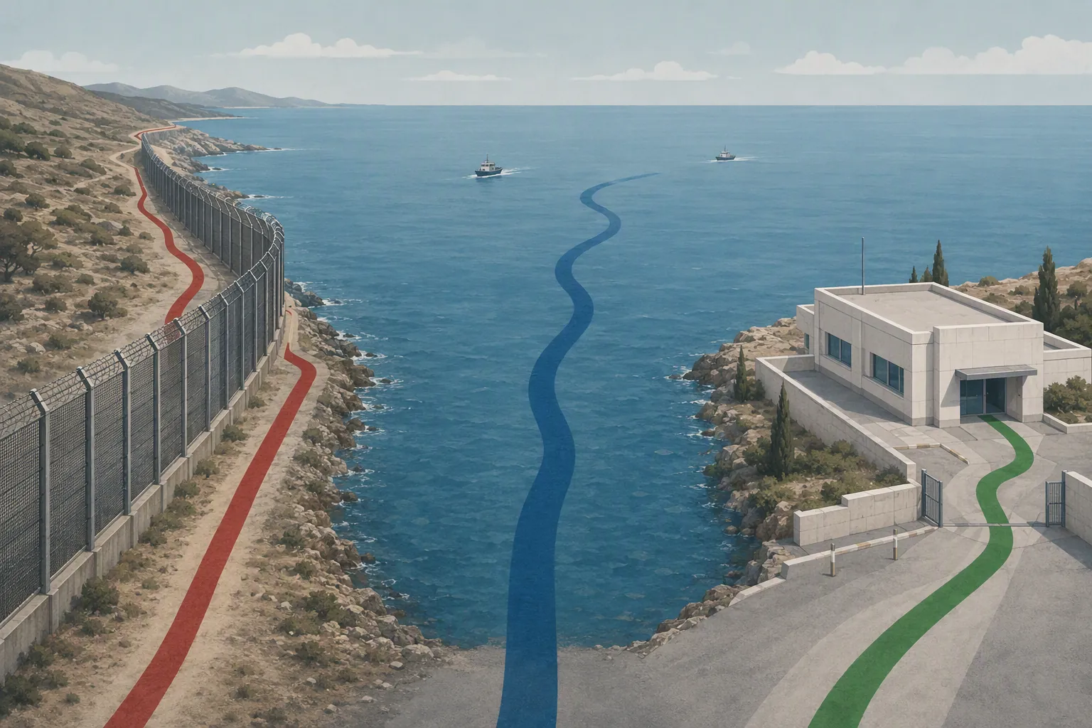 Illustration of a Mediterranean border enclave with a fence, sea route, and administrative crossing point showing three distinct legal pathways