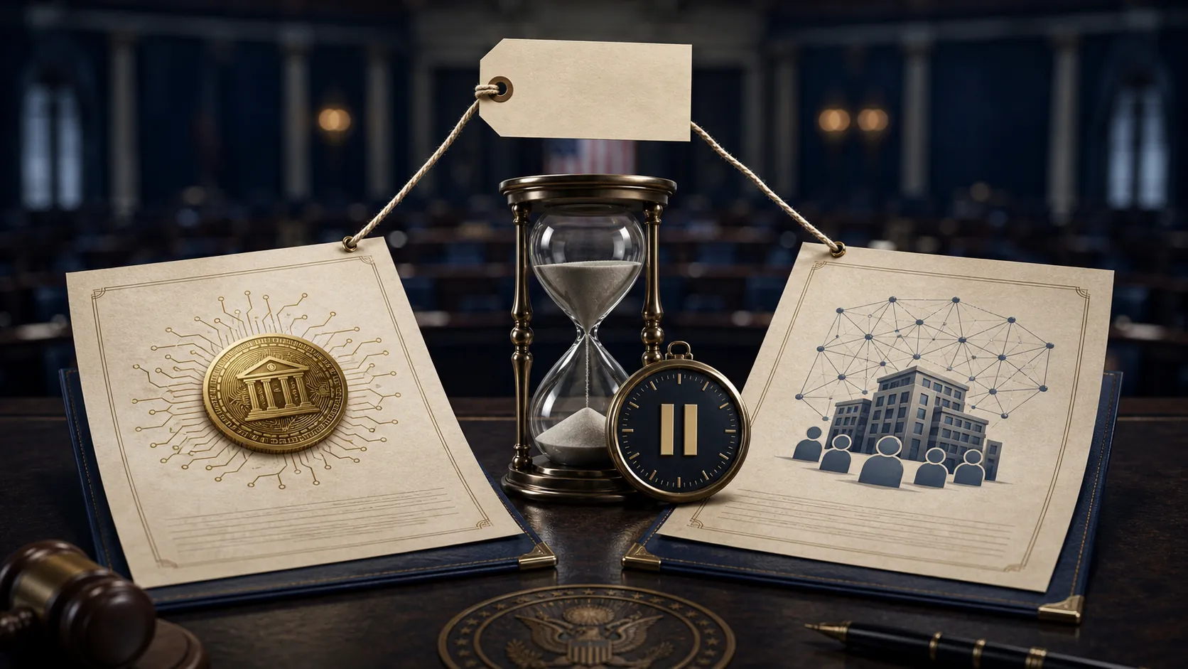 Two official documents splitting from one blank legislative tag, one for digital assets and one for AI-related employment reporting