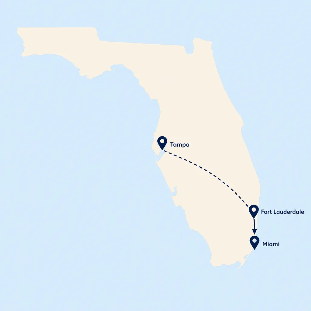 Minimal Florida map showing the alleged ticket path from Tampa to Fort Lauderdale and redemption in Miami