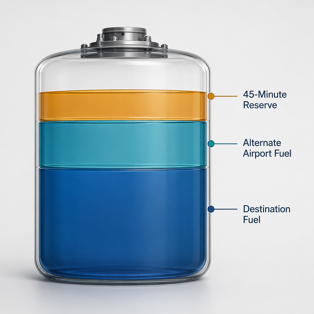 Diagram of fuel divided into destination fuel, alternate airport fuel, and a 45-minute reserve