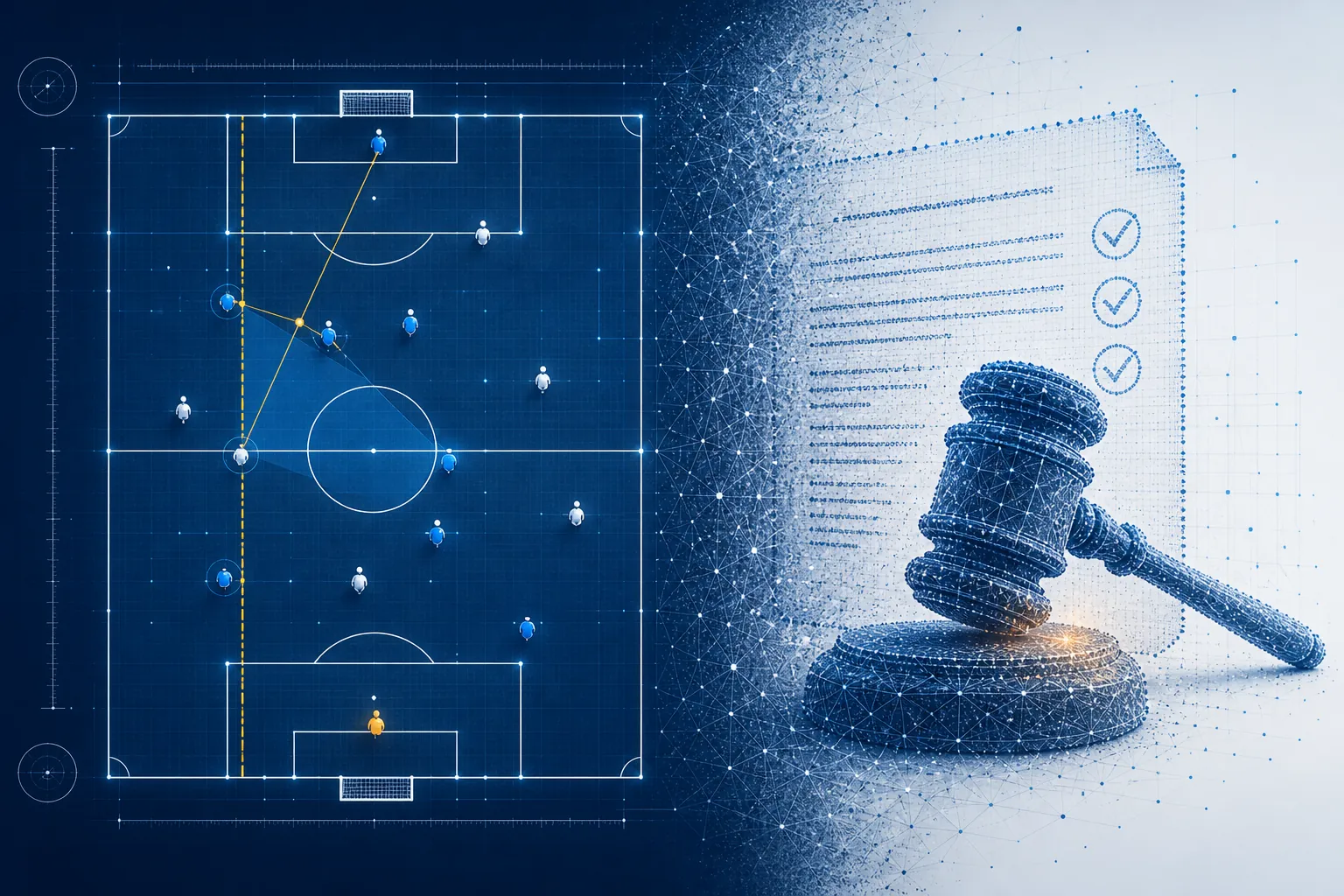 Soccer pitch with virtual offside lines transitioning into a structured legal document and gavel
