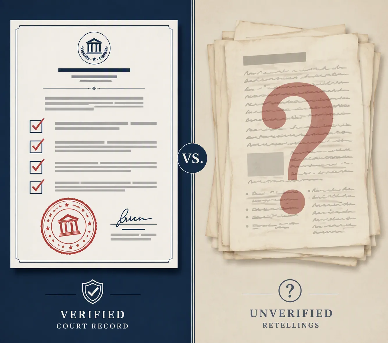 Verified legal document contrasted with blurred uncertain papers