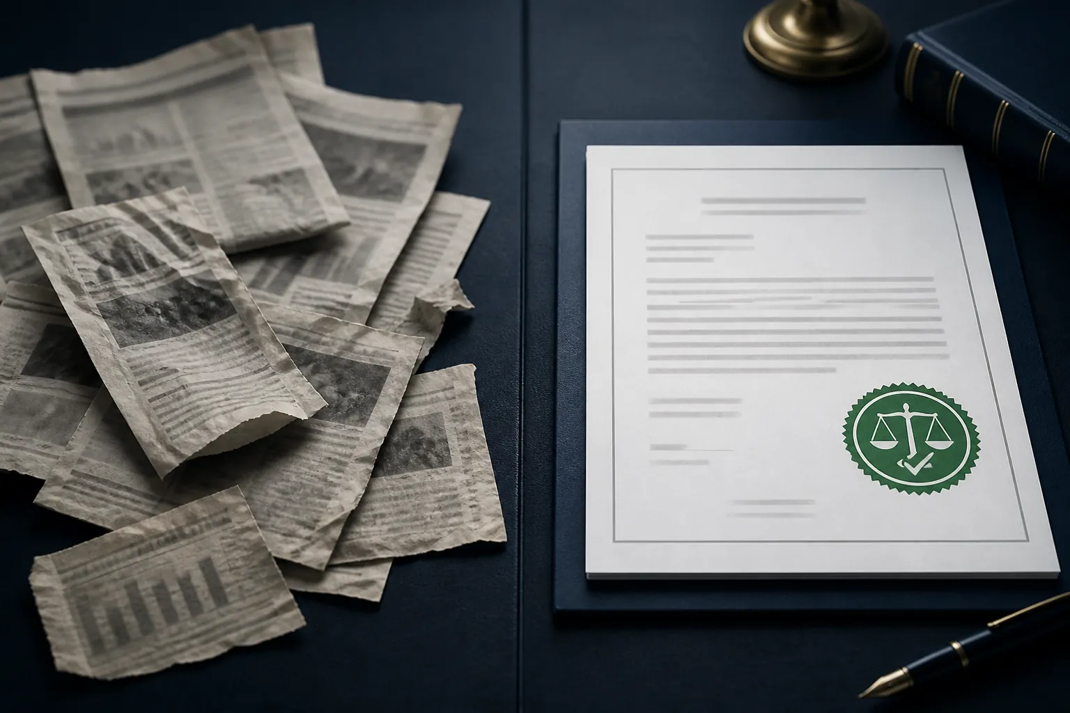 Blurry newspaper clippings beside a crisp official court document with a verification stamp