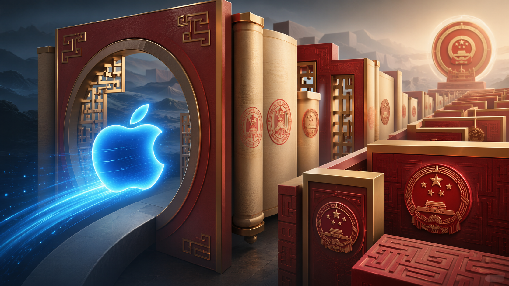 A glowing blue Apple silhouette entering a structured Chinese regulatory landscape of interlocking gates, scrolls, and official seals