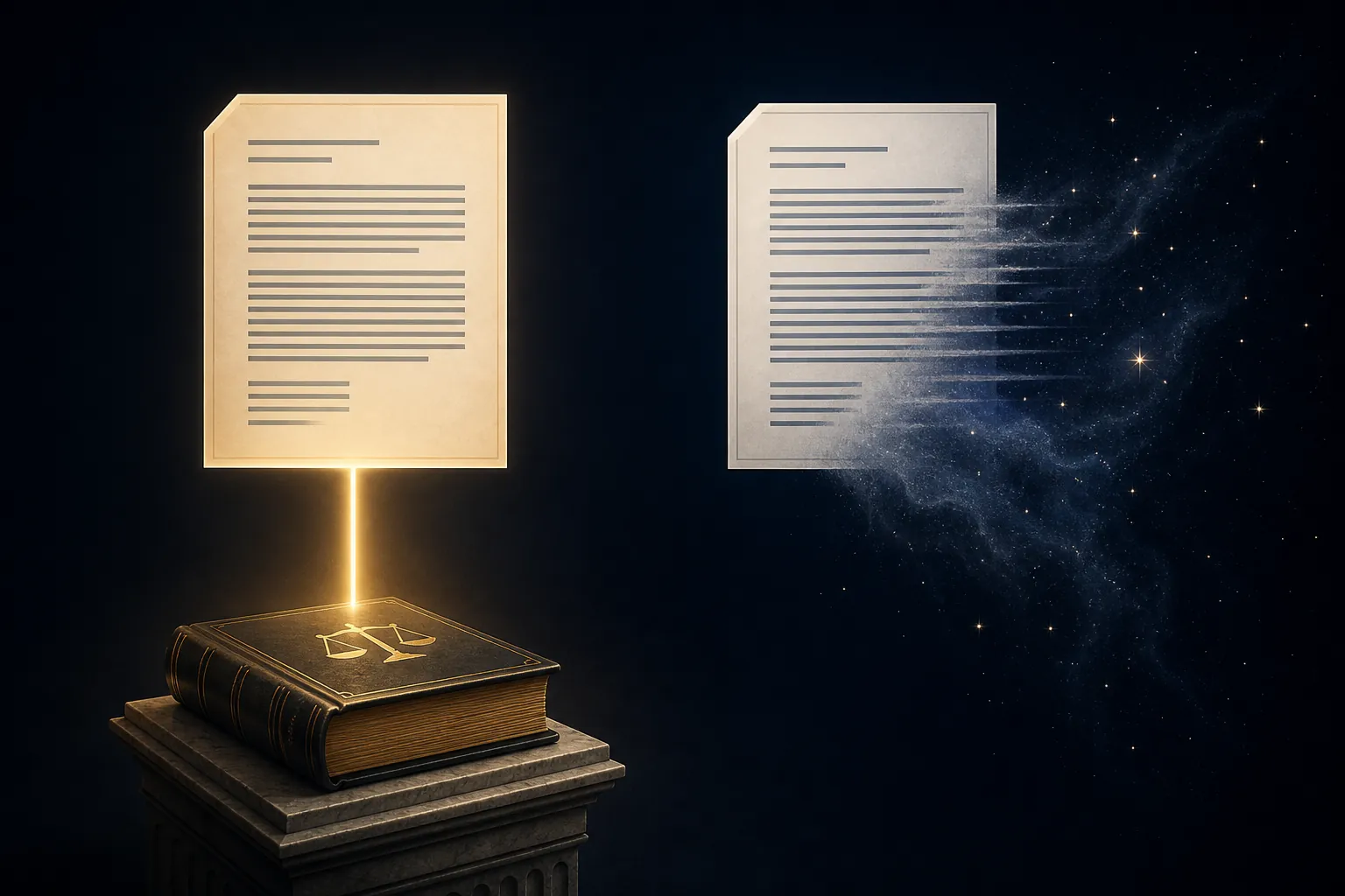 Two identical legal documents, one anchored to a law book and one floating unmoored in dark space with text dissolving into stars