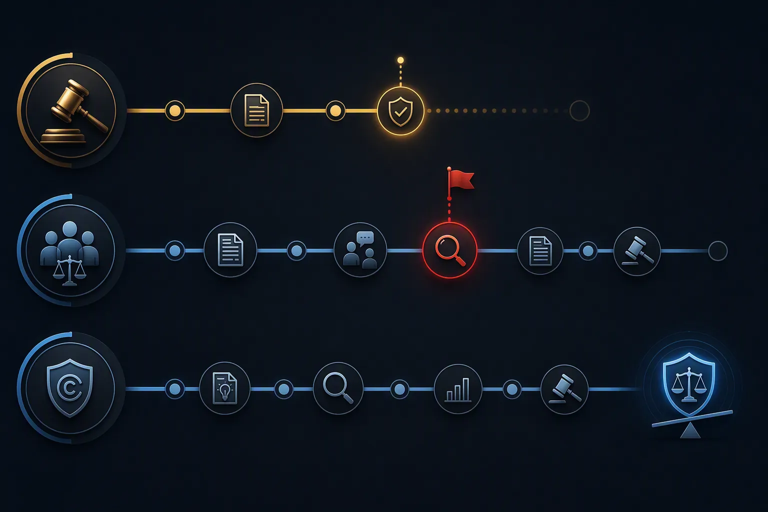 Three legal timeline tracks showing settlement, discovery, and asymmetric injunction paths