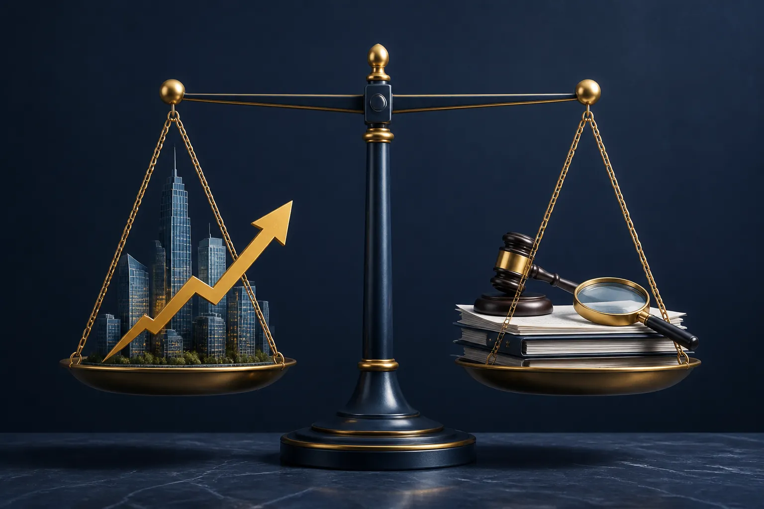Level scales of justice balancing a stock-market arrow and skyscrapers against legal documents and a gavel