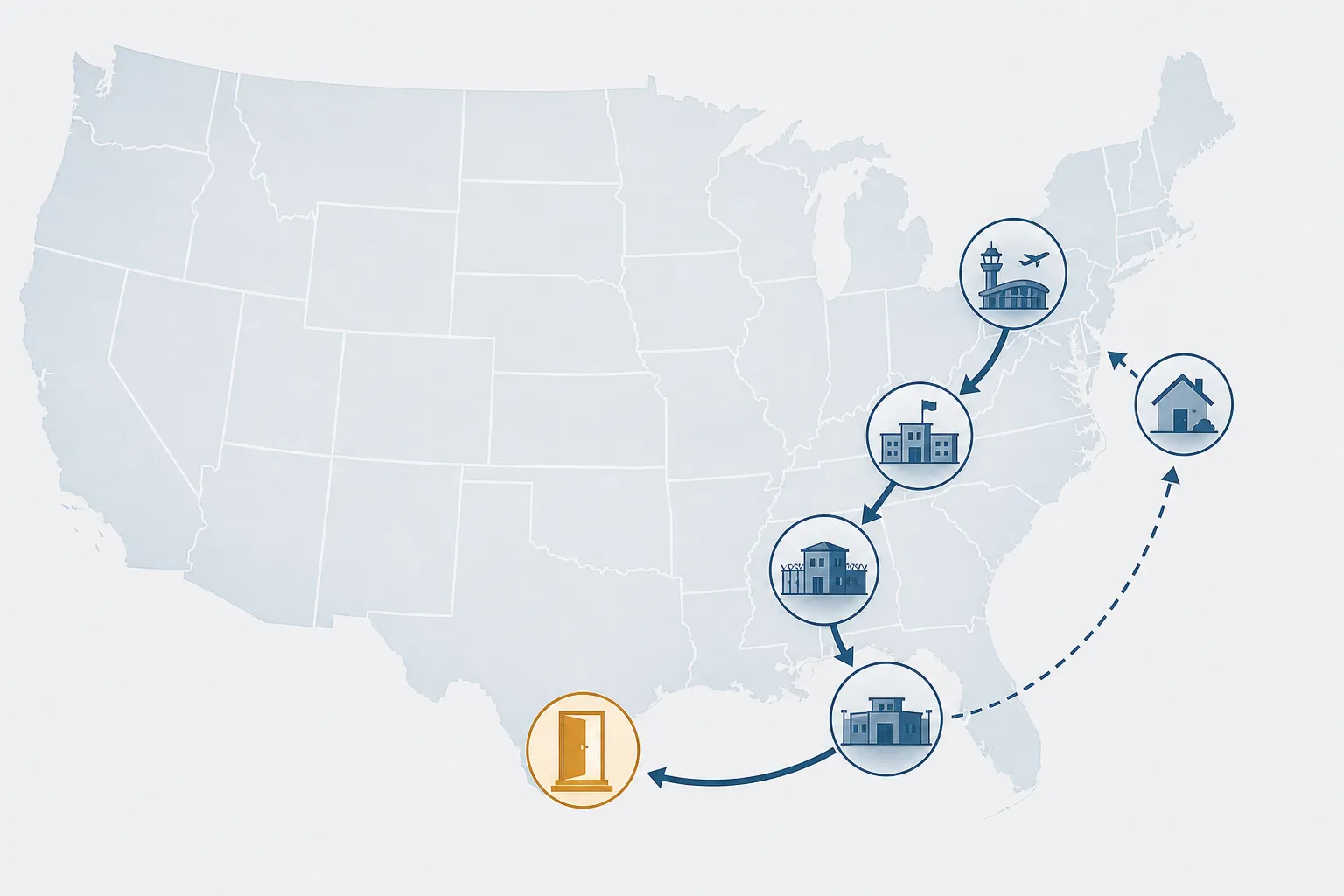 Custody flow map from a Mid-Atlantic airport through several facilities to release and return home