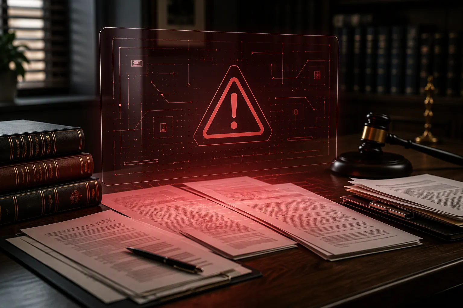 Legal documents and law books under a translucent digital interface near a shadowed gavel