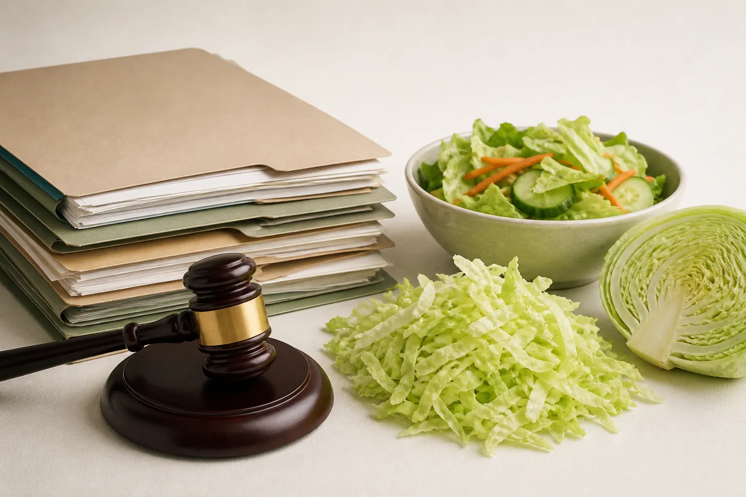 Legal docket folders and a gavel beside shredded iceberg lettuce and a salad bowl