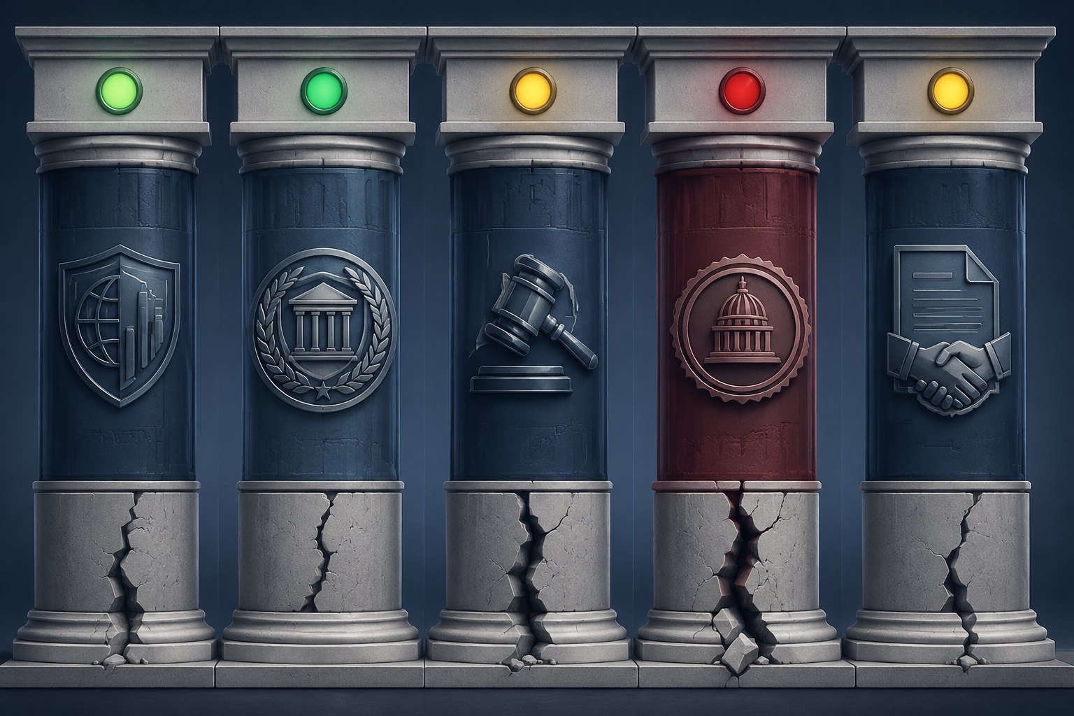 Five legal enforcement theory pillars with colored indicators, legal symbols, and visible cracks forming an uneven wall