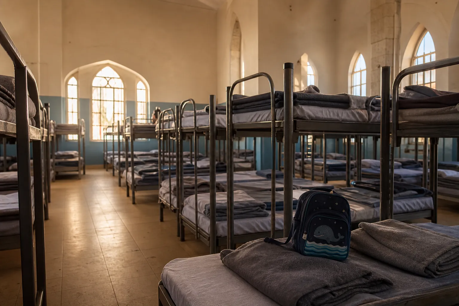 Empty institutional child shelter dormitory with rows of bunk beds and a child's backpack