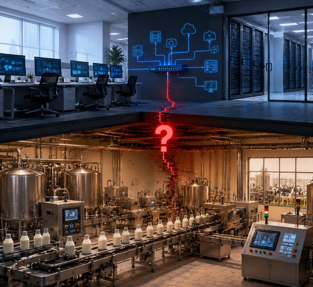 Split diagram of IT systems and dairy production operational technology with an unresolved breach path between them
