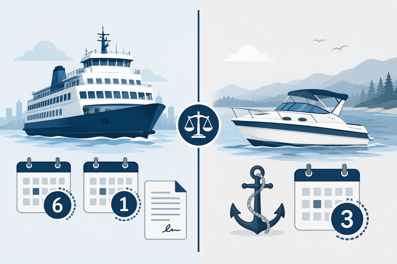 Diagram contrasting ferry ticket-contract deadlines with general maritime law for a cabin cruiser