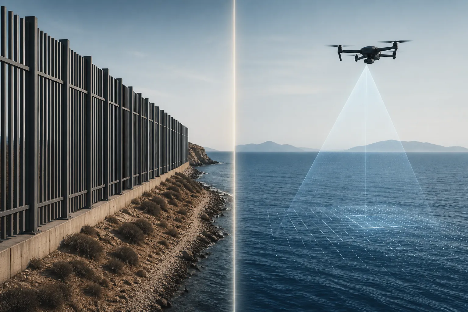 Editorial illustration contrasting a physical border fence with maritime drone surveillance