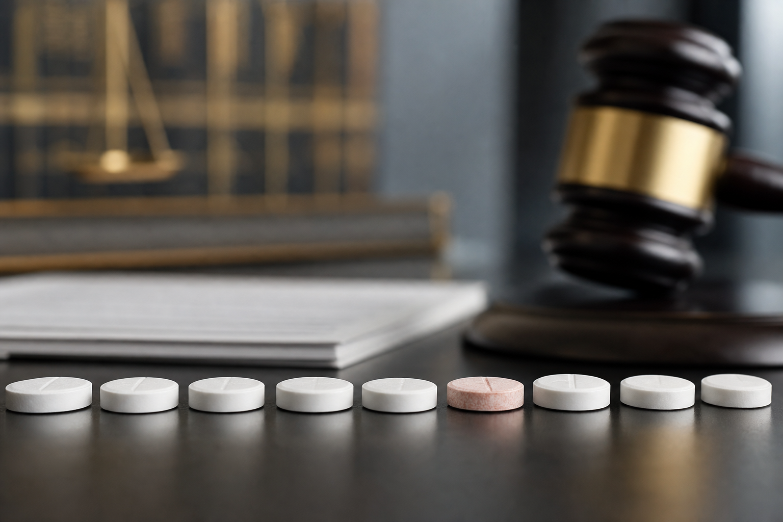 White pharmaceutical tablets with one showing reddish discoloration, set near legal documents and law books