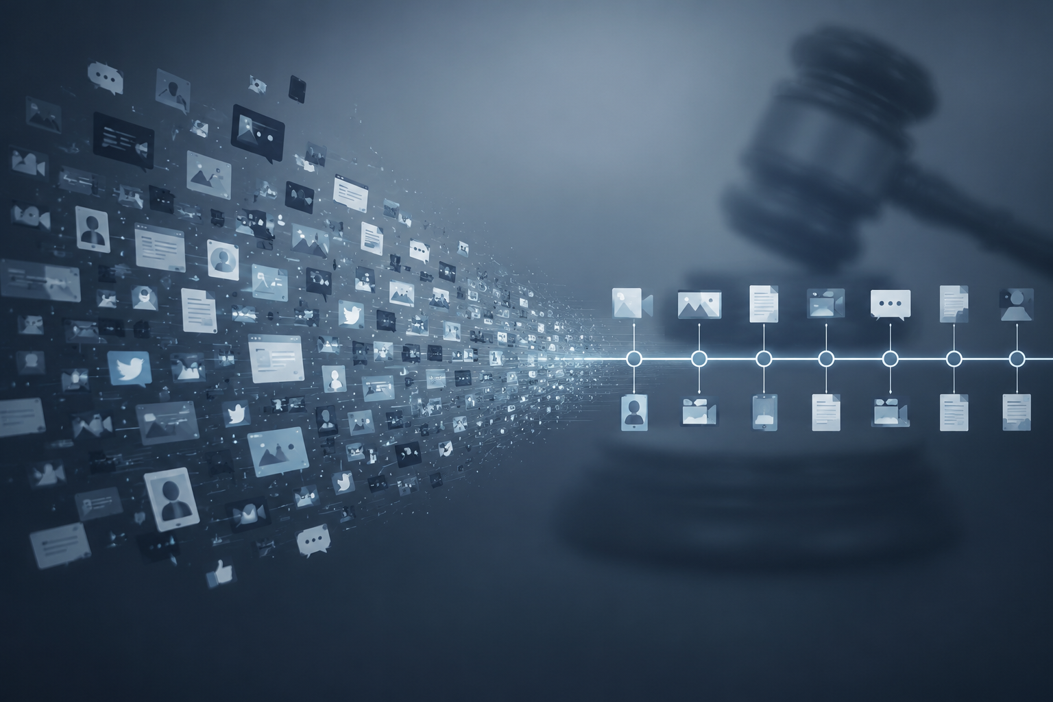 Digital evidence fragments resolving into a structured legal timeline