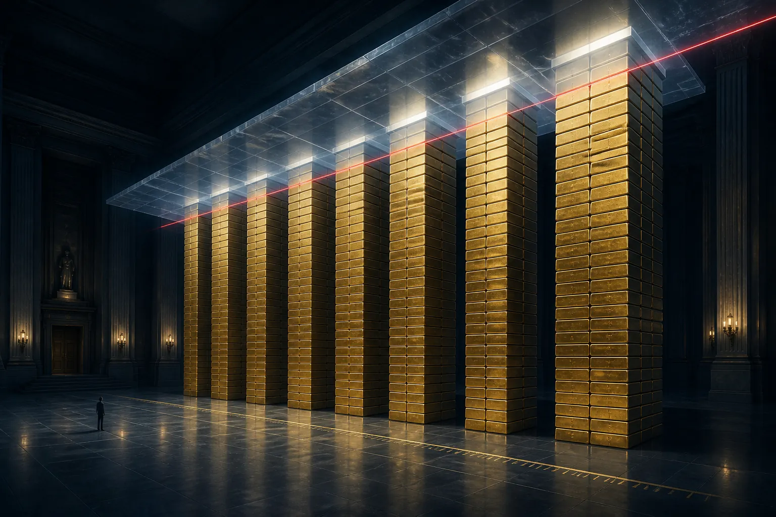 Government hall with gold credit blocks stopped by a hard ceiling, illustrating financing capacity constrained by legal limits