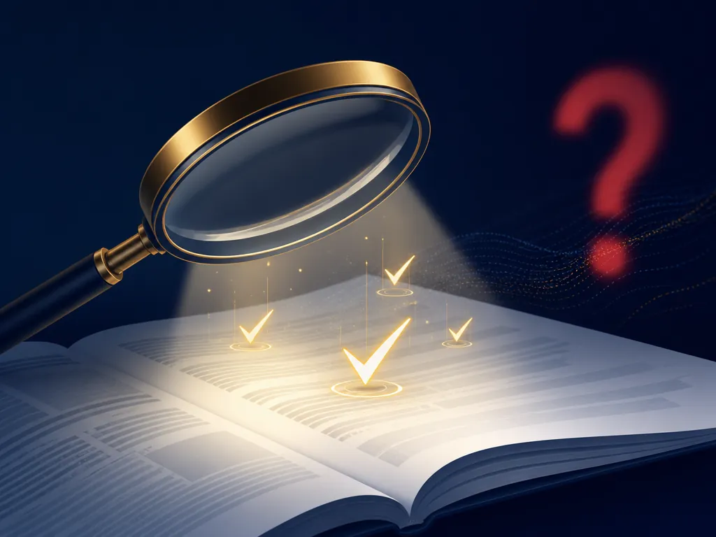 Magnifying glass over an open legal document with checkmarks and a faint question mark
