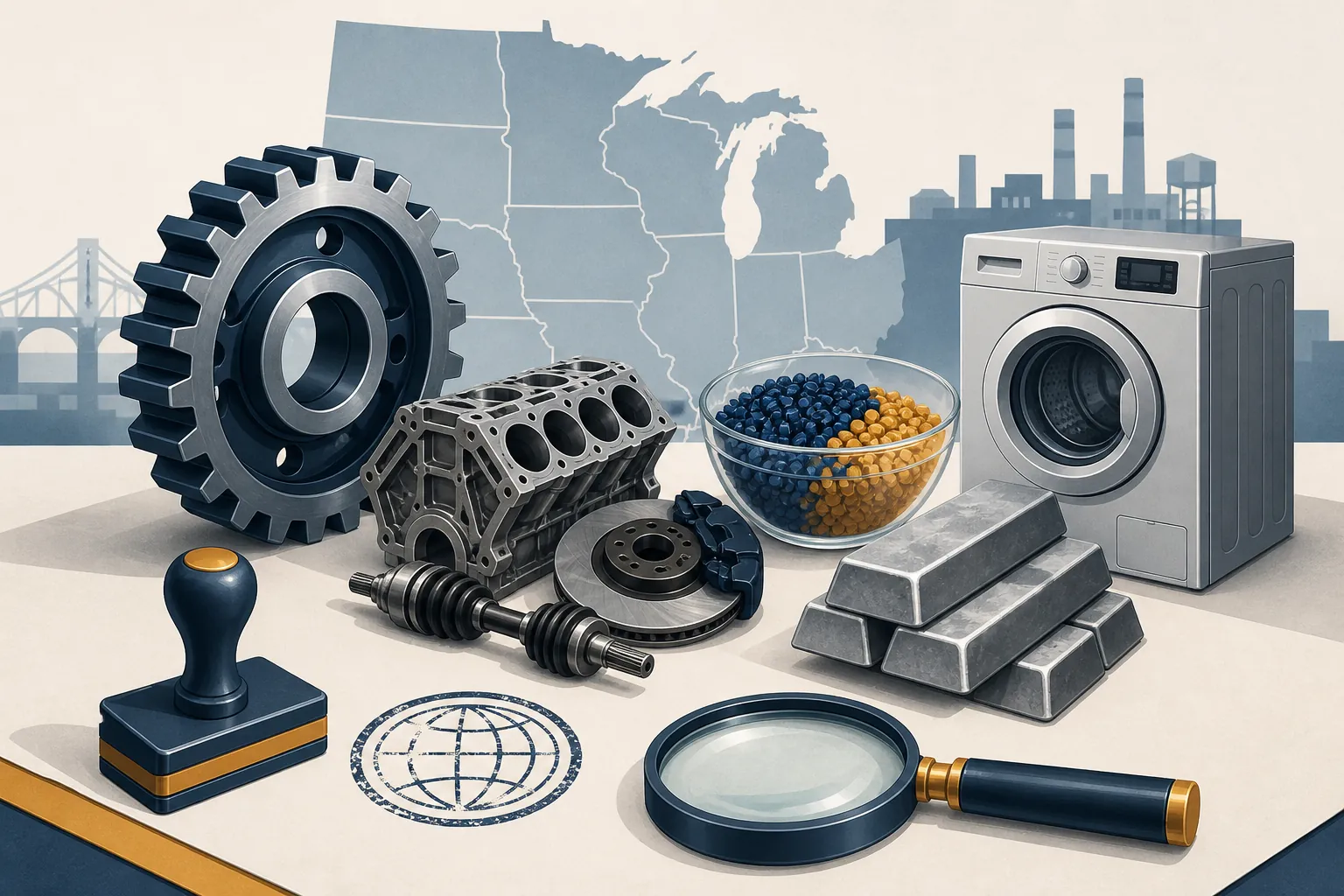 Engine components, vehicle parts, plastic pellets, steel, and an appliance beside a customs stamp and magnifying glass
