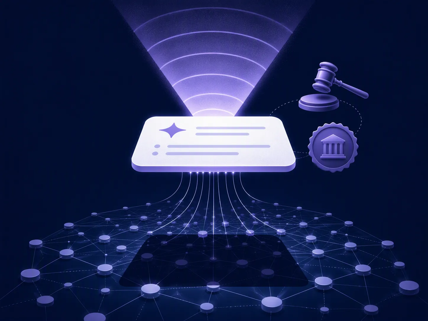 AI answer card broadcasting over source nodes with a gavel and regulatory stamp nearby