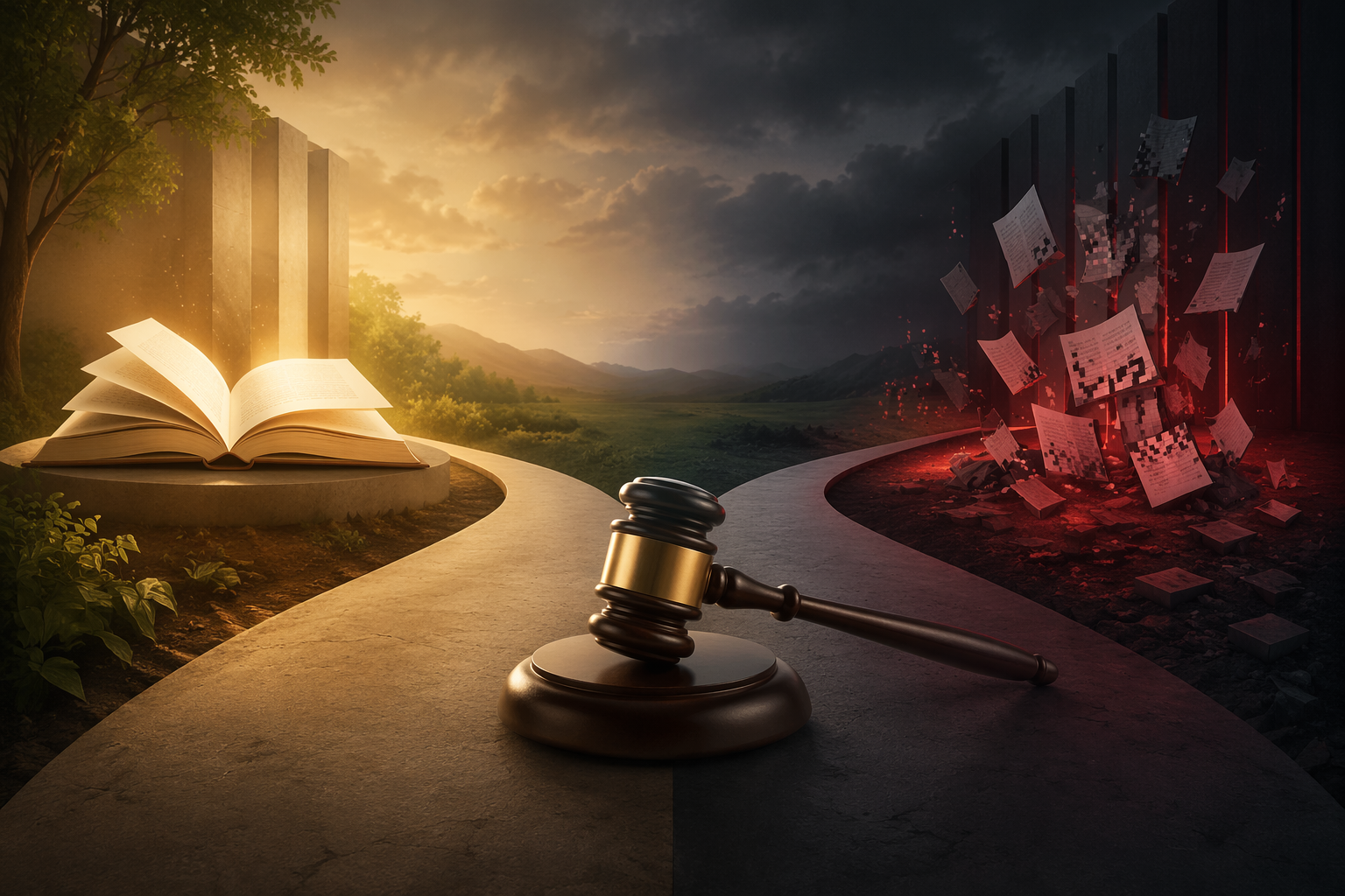 A gavel over split pathways representing lawful acquisition and shadow-library infringement