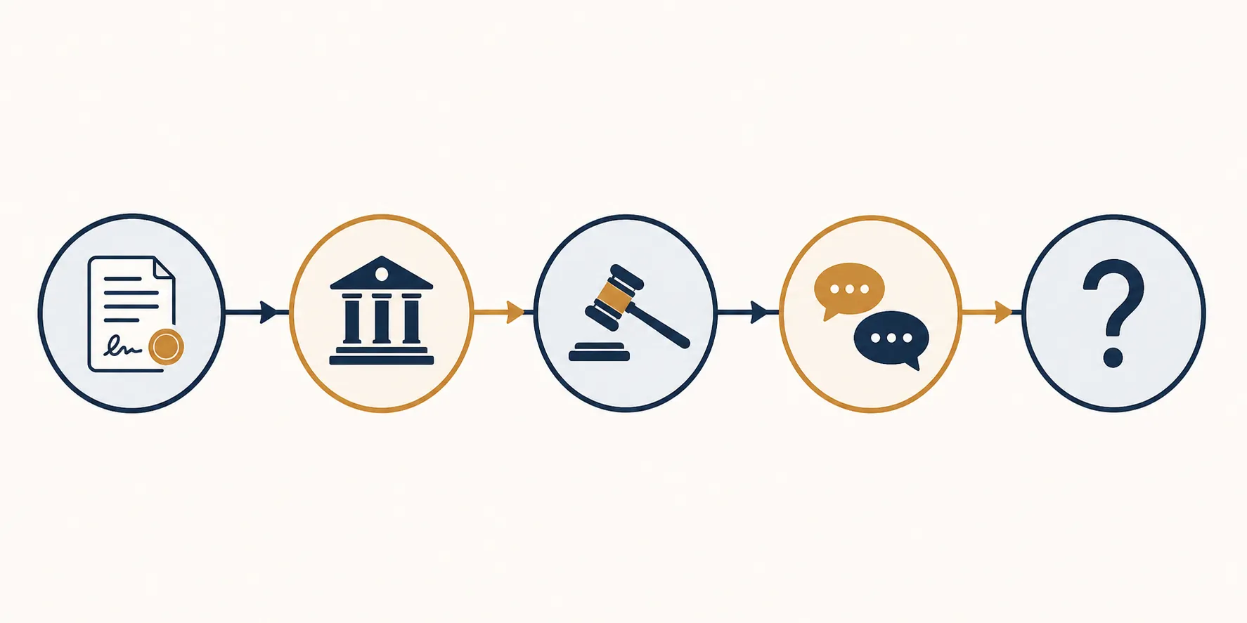 A flat legal process timeline showing nodes for a signed document, courthouse, gavel, speech bubbles, and a question mark