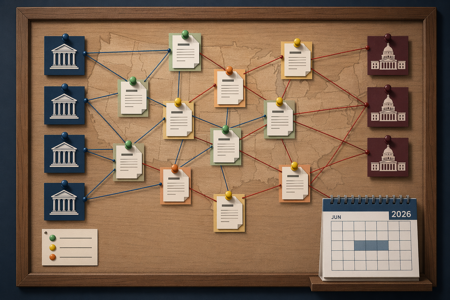 Litigation tracker board connecting federal court and state capitol documents with status pins and a mid-2026 calendar