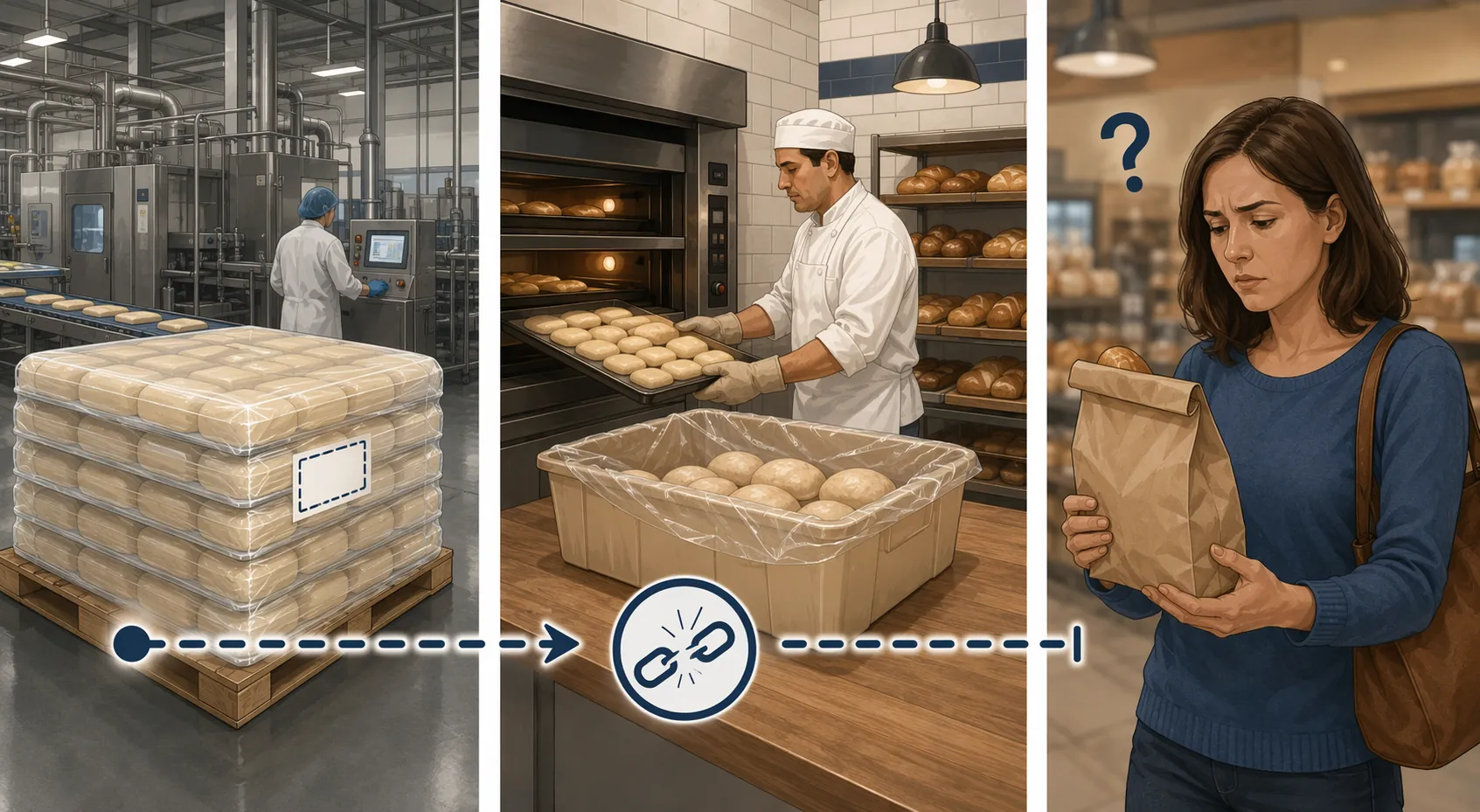 Traceability gap from labeled frozen dough pallet to unlabeled Walmart bakery bag