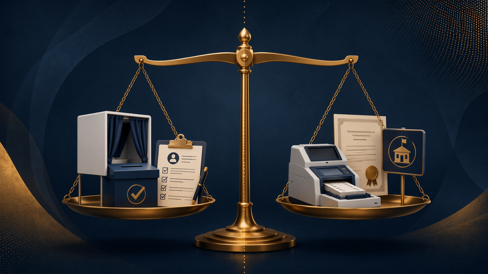 Editorial illustration of a legal scale balancing voting administration duties and certification duties.