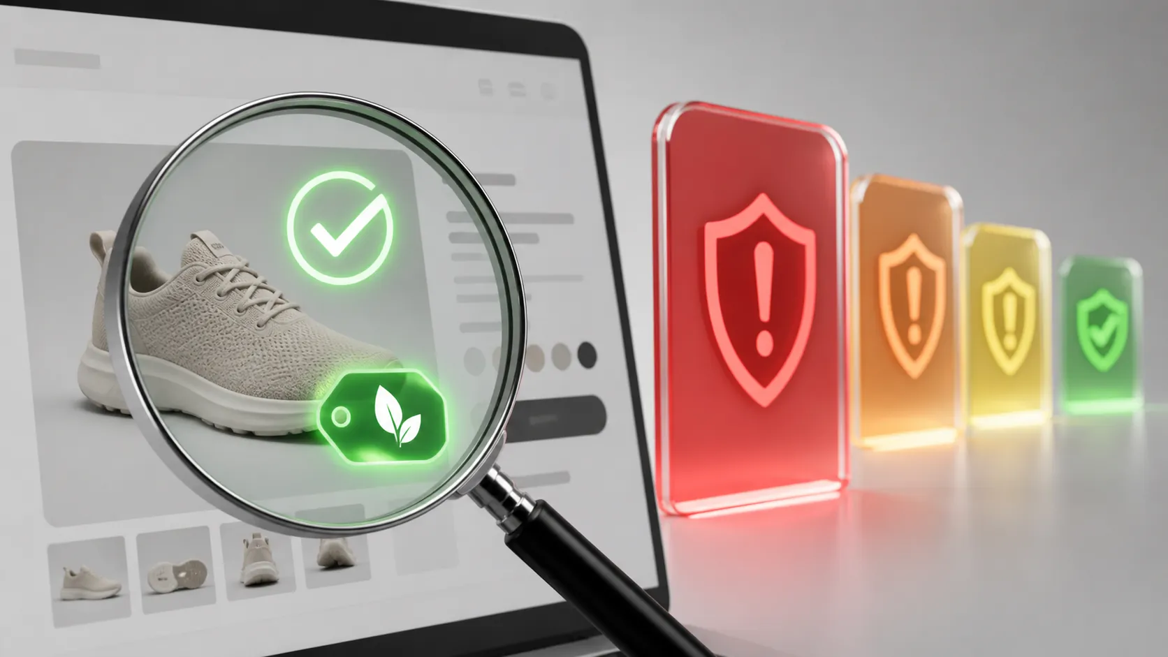 E-commerce product image inspected by a compliance lens with disclosure label and ranked risk indicators