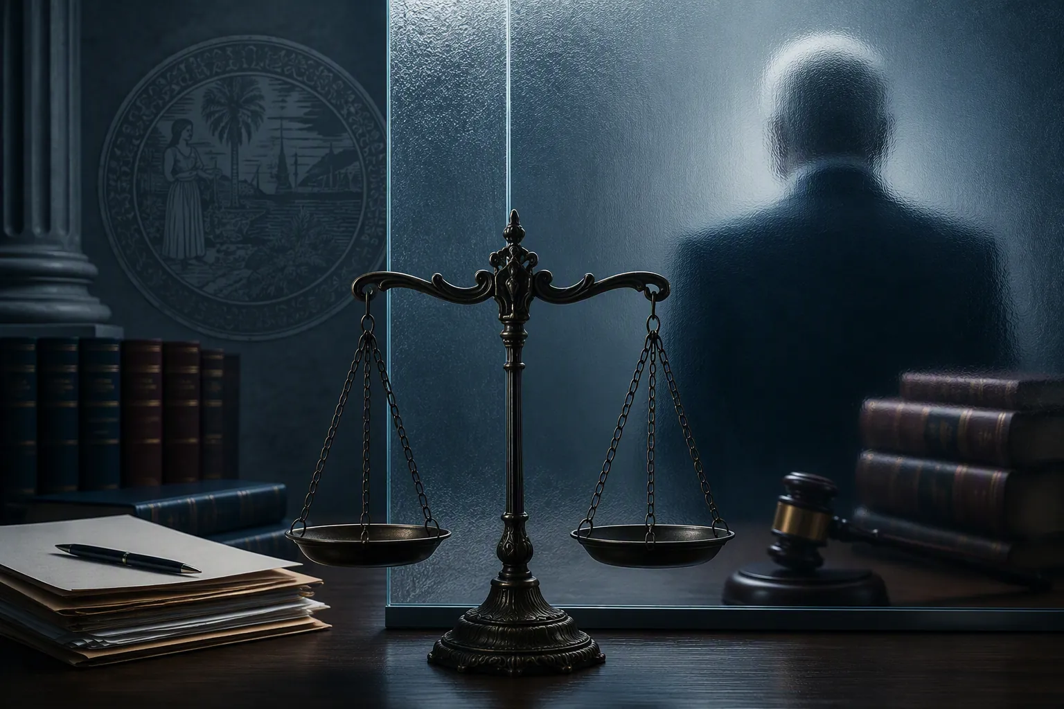 Scales of justice behind a translucent barrier, suggesting an accountability gap in lawyer discipline